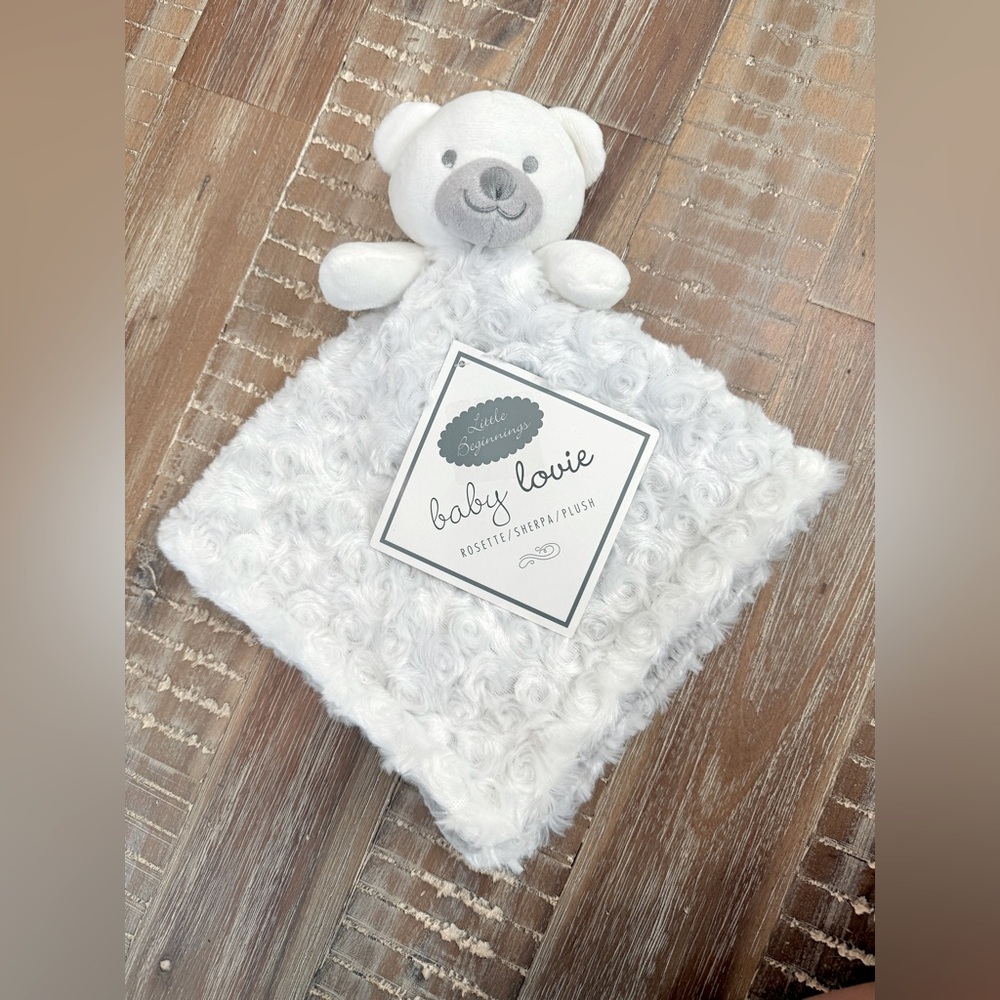 New Little Beginnings White Swirls Rosette Teddy Bear Baby Lovie Blanket Sherpa